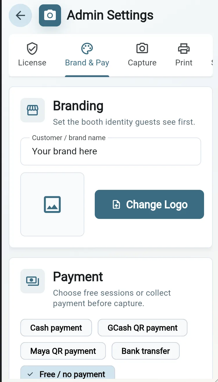 Photobooth branding and payment configuration