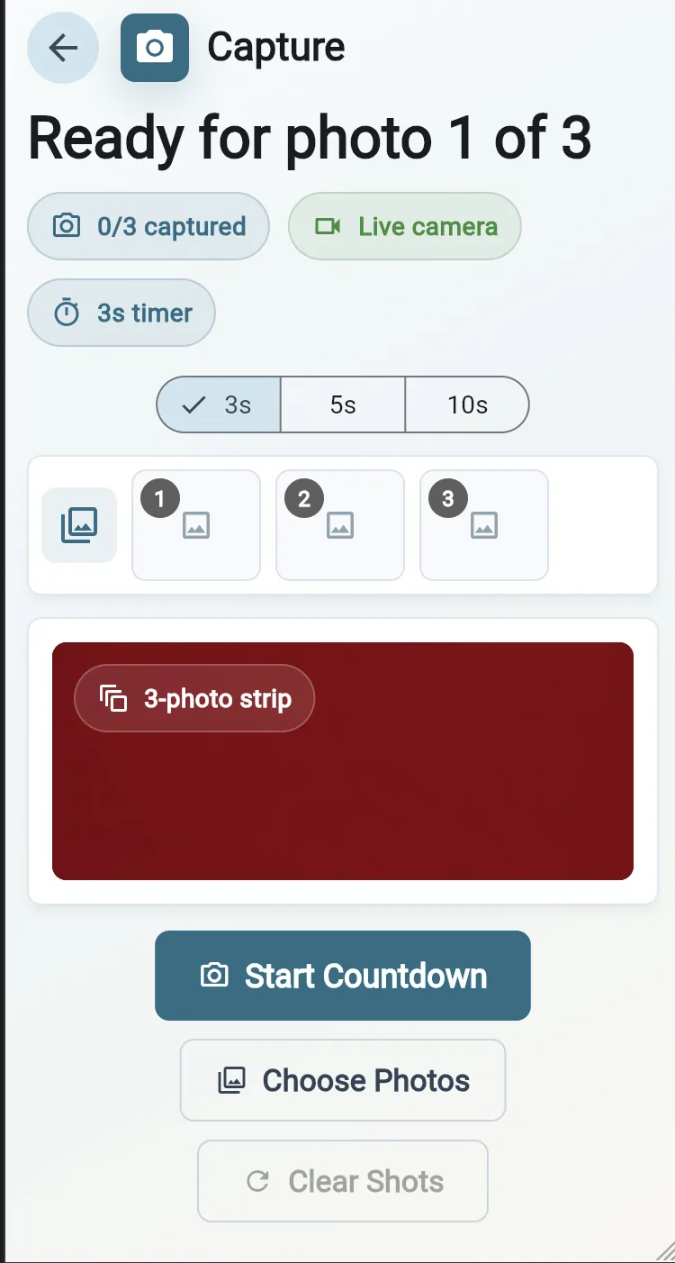 Live camera capture and countdown screen
