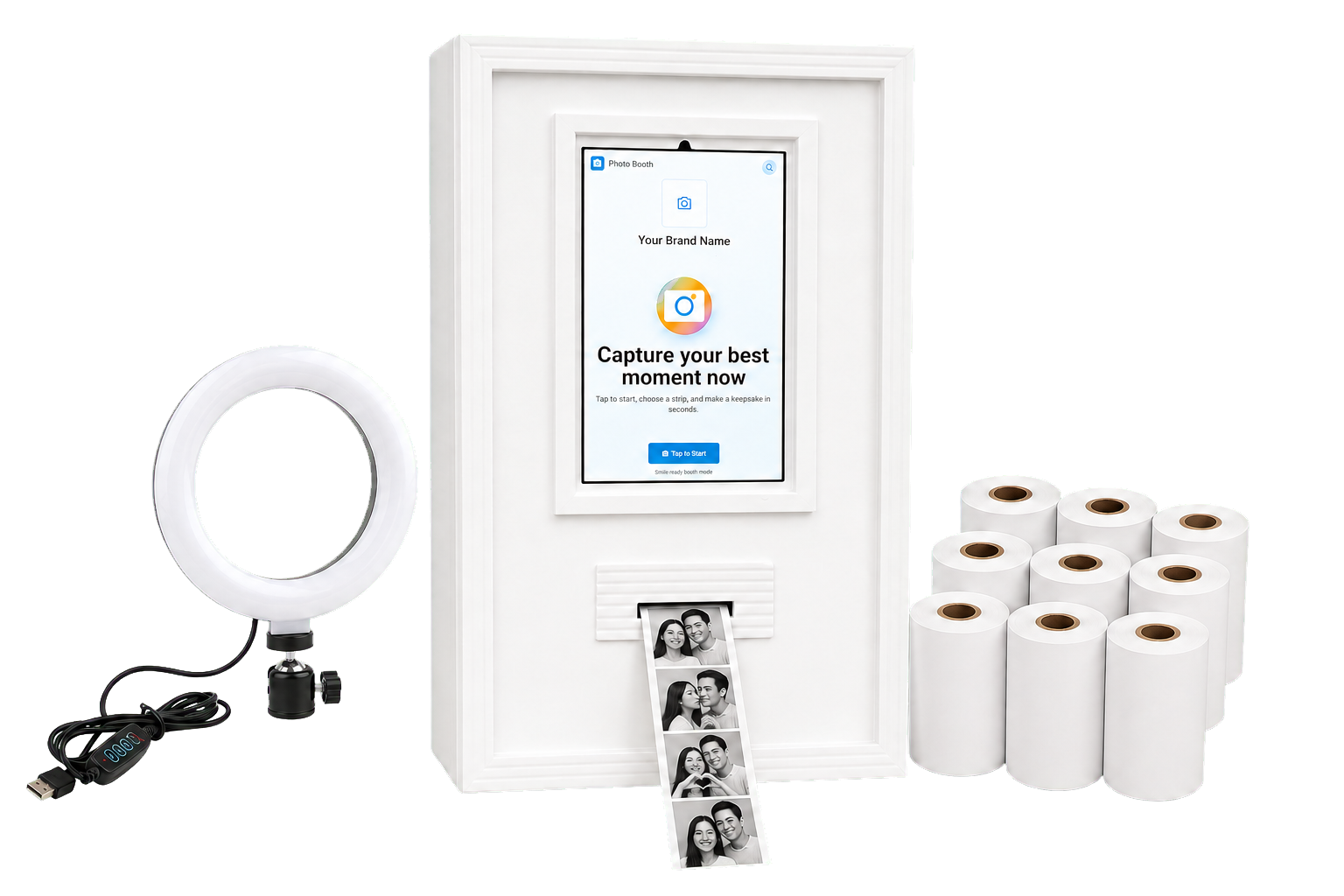 Complete YowtoBooth thermal photobooth package with touchscreen machine, ring light, and ten thermal paper rolls